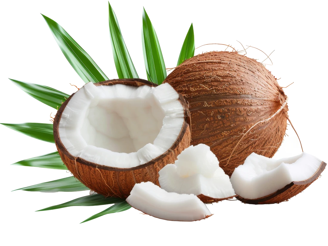 Fresh coconuts, halved and in pieces, with palm leaves